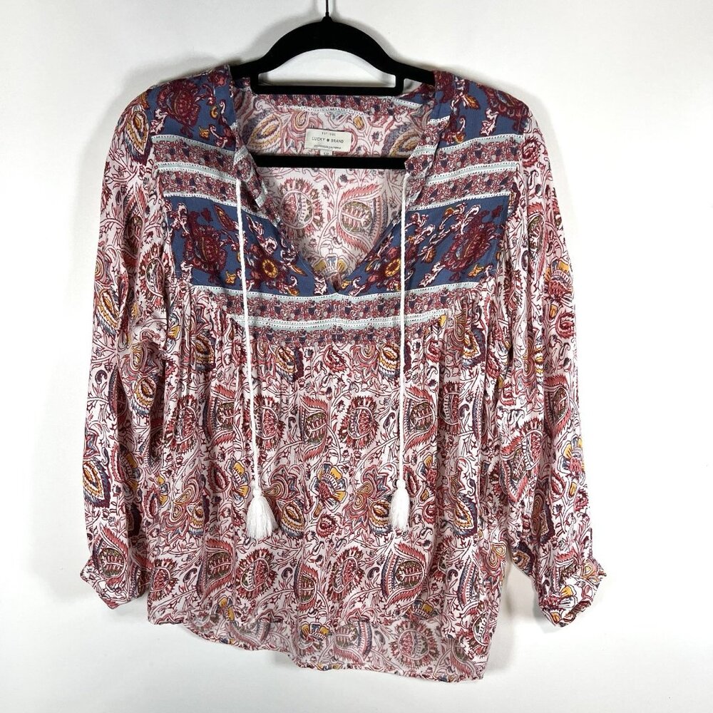 Lucky Brand Boho Peasant Top Size S Paisley Tassel‎ Hippie Beach Vacation Boho